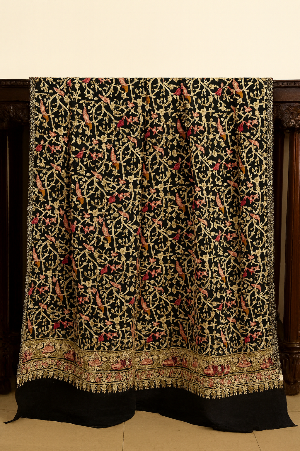 Black Pashmina Aari Embroidered Shawl  Bird & Vine Motif