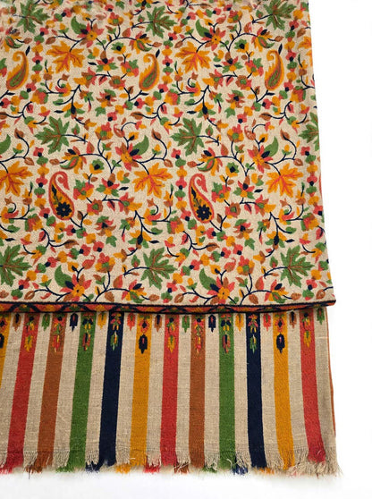 Floral Printed Pashmina Shawl with Striped Border | Soft Autumn Leaf Wrap
