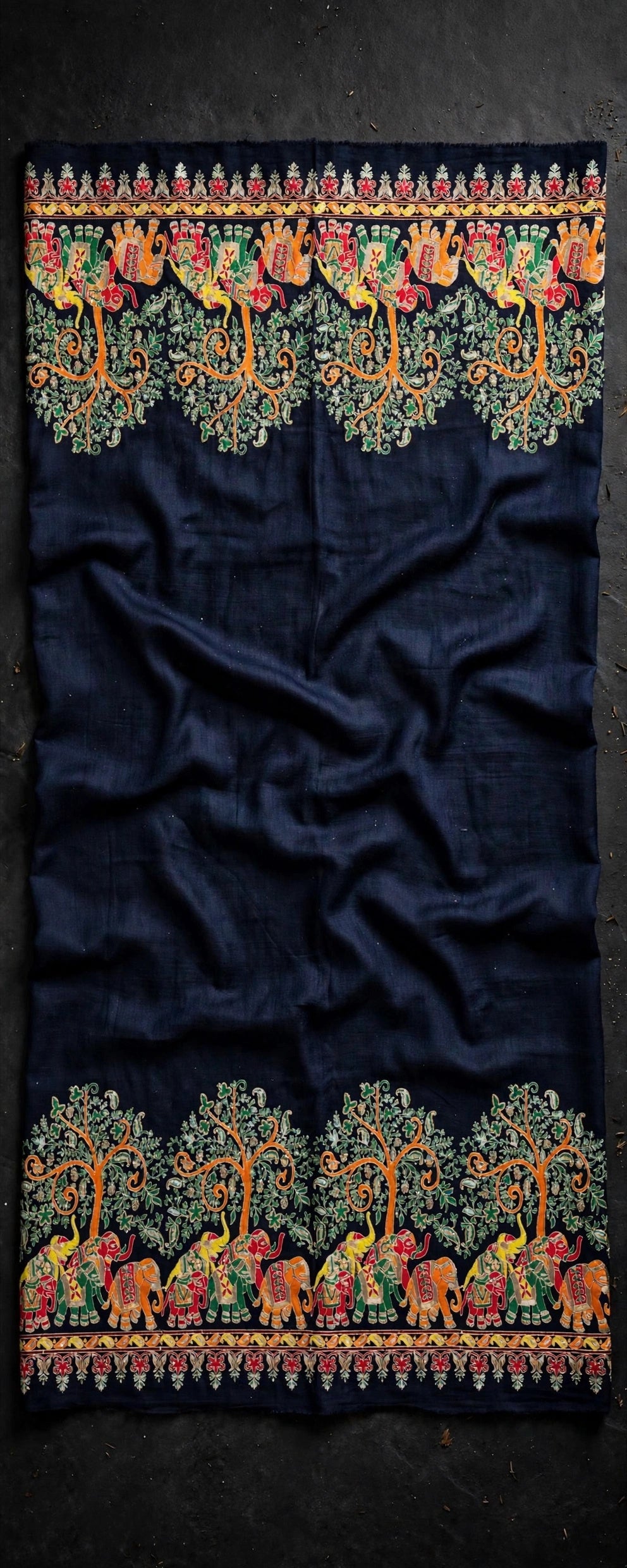 Noir Mughal Baagh Pashmina Shawl - Navy Blue Elephant Embroidered Border Shawl