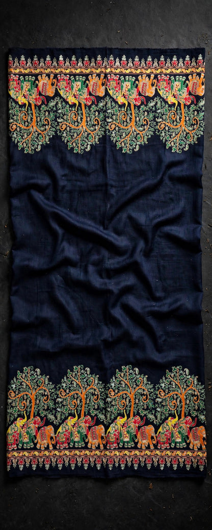 Noir Mughal Baagh Pashmina Shawl - Navy Blue Elephant Embroidered Border Shawl