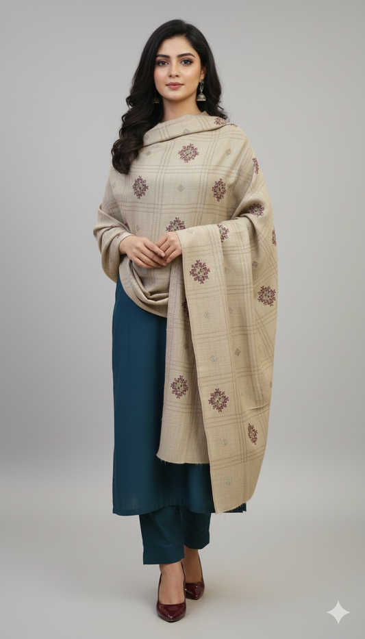 Beige & Maroon Embroidered Plaid Pashmina Shawl