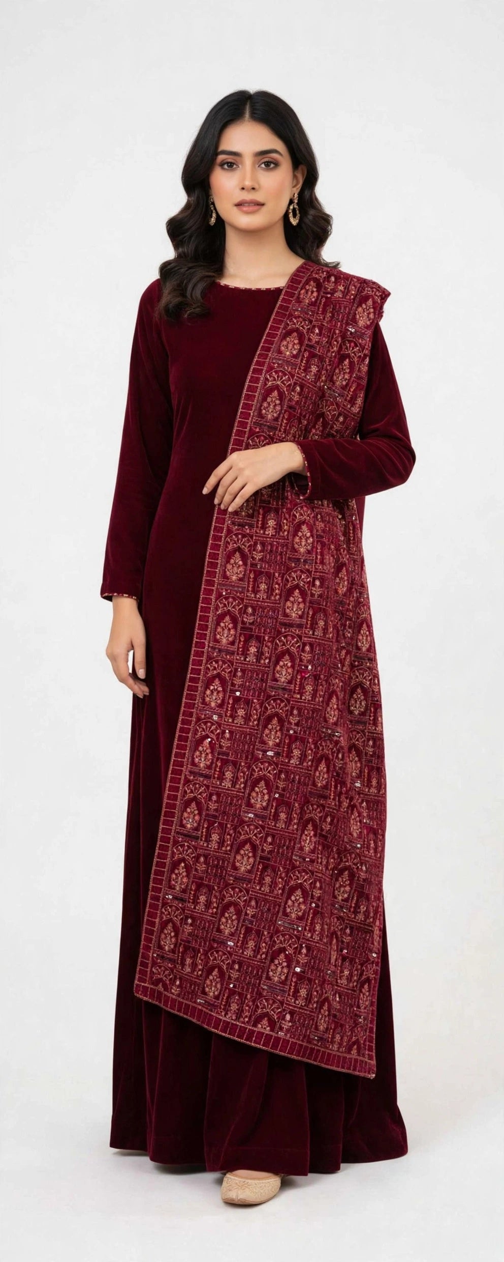 Burgundy Velvet Pakistani Dress with Heavily Embroidered Shawl