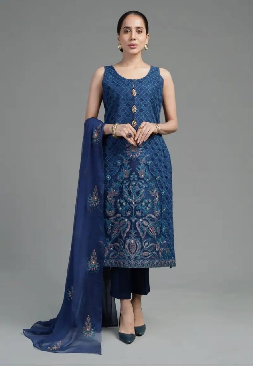 Luxurious Prussian Blue Embroidered Organza 2-Piece Suite