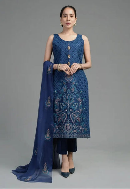 Luxurious Prussian Blue Embroidered Organza 2-Piece Suite