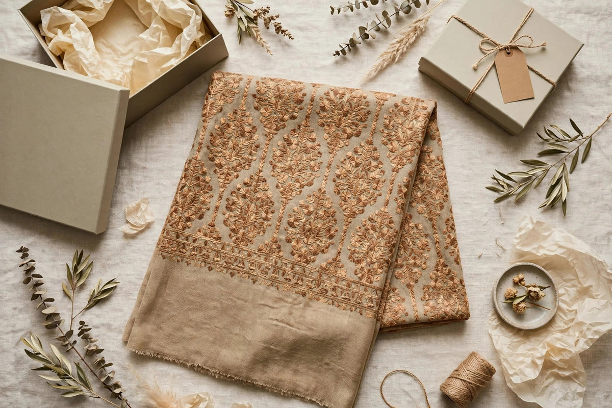 Noor Beige -aari  Embroidered Pashmina Shawl with Aari Work