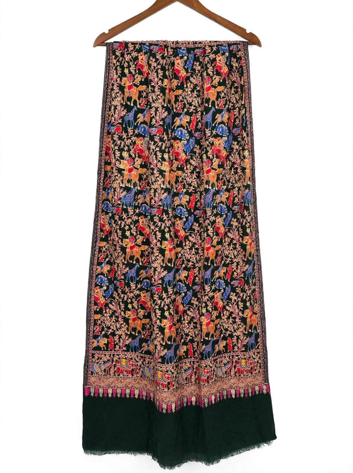 Bottle Green Shikargah Pashmina Shawl | Pure Pashmina Nalki Embroidery | Luxury Wrap
