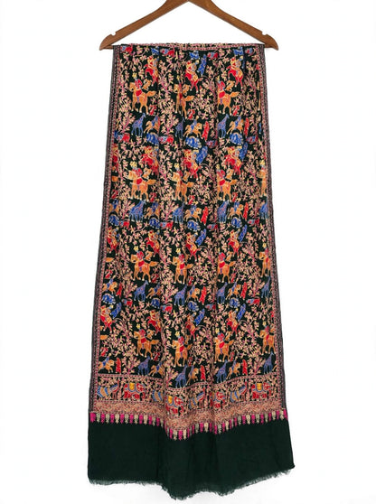 Bottle Green Shikargah Pashmina Shawl | Pure Pashmina Nalki Embroidery | Luxury Wrap