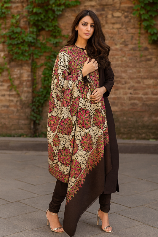 Pashmina Aari Embroidered Chocolate Brown Shawl