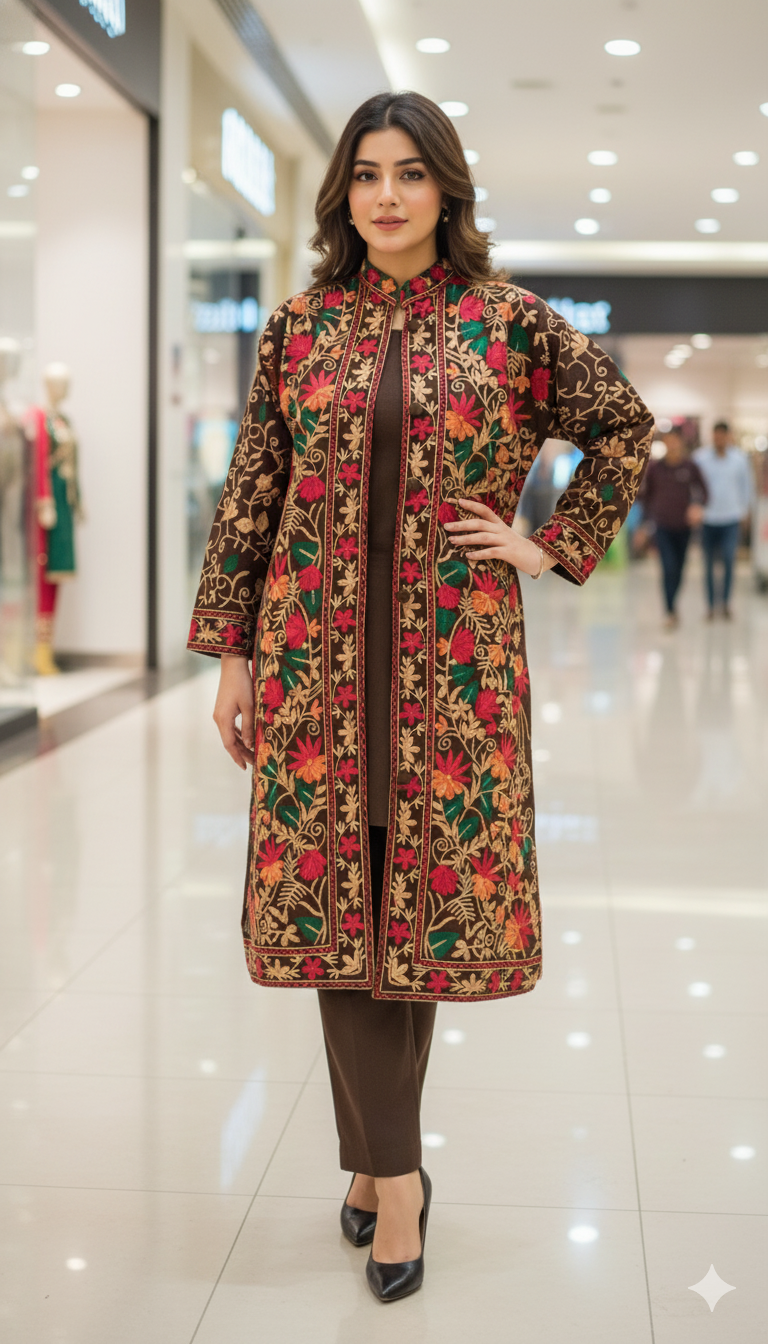 Luxury Kashmiri Embroidered Pashmina Jacket with Inner
