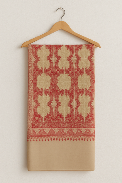 Beige & Red Intricate Embroidery Pashmina Shawl