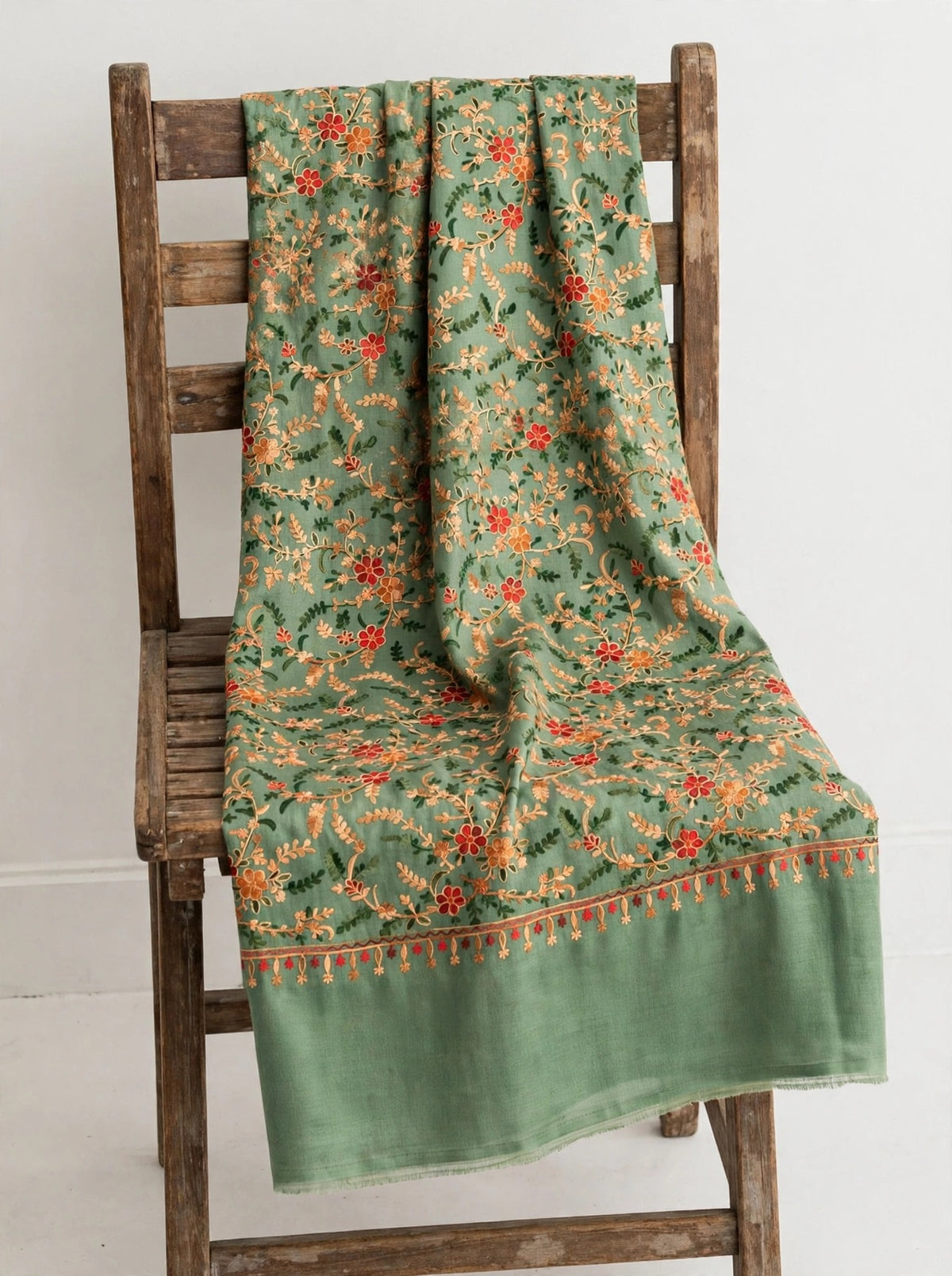Sage Green All-Over Embroidered Pashmina Shawl - Kashmiri Aari Jaal Work