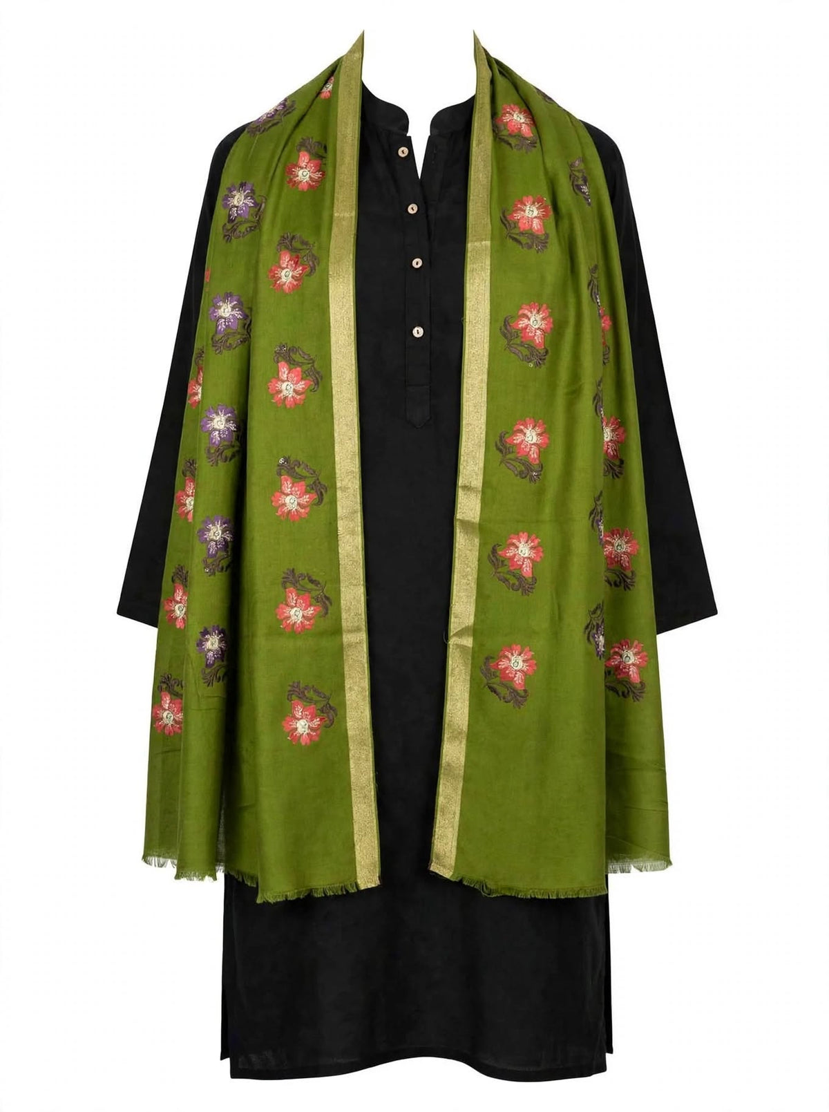 Olive Green Floral Embroidered Pashmina Shawl with Gold Zari Border