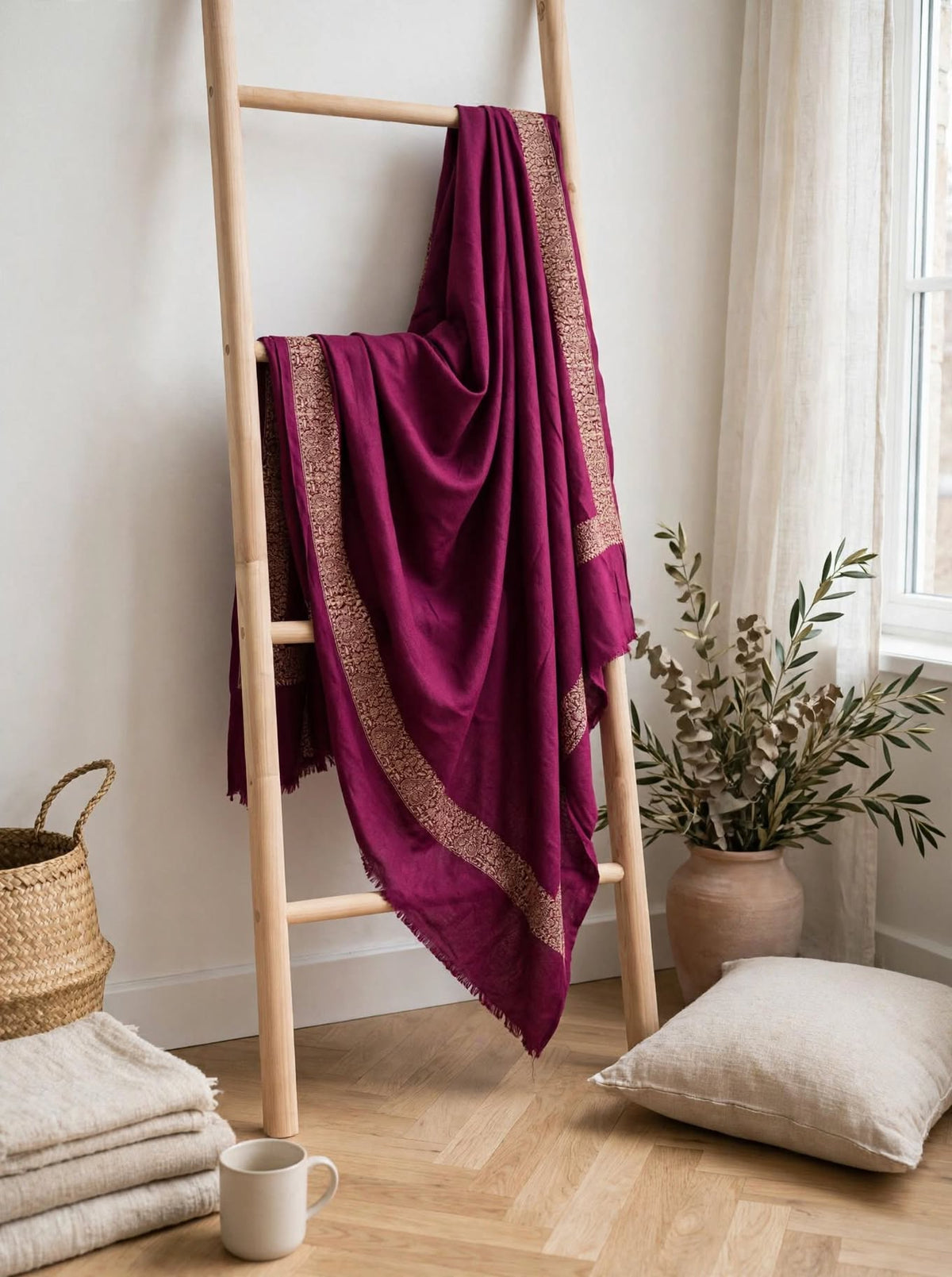 Plum Pashmina Shawl - Gold Embroidered Border - Formal Wrap