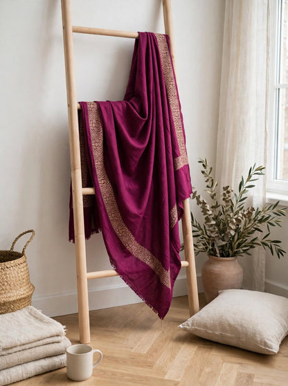 Plum Pashmina Shawl - Gold Embroidered Border - Formal Wrap