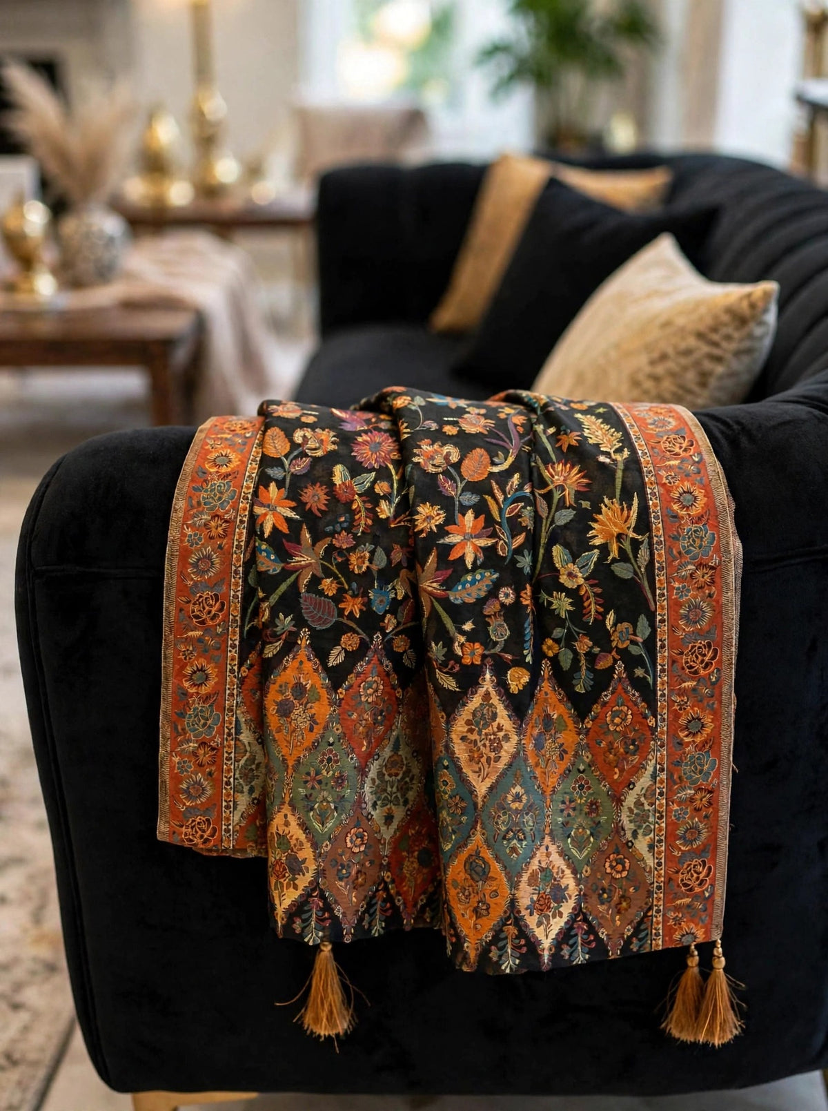 Heirloom Black Floral Kani Silk Dupatta - Pure Handwoven Kashmiri Luxury