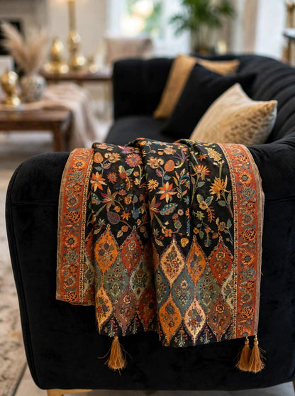 Heirloom Black Floral Kani Silk Dupatta - Pure Handwoven Kashmiri Luxury