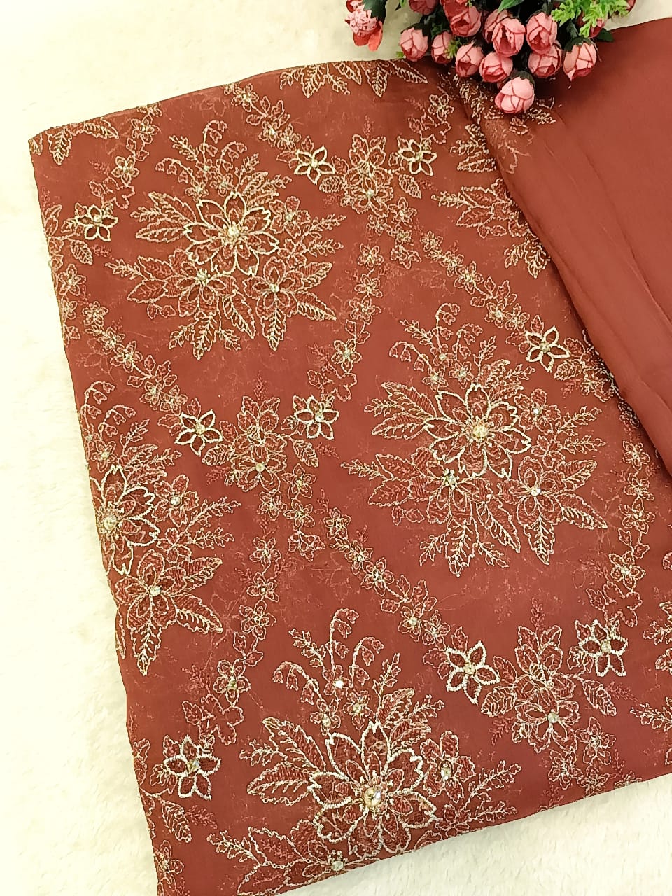 Timeless Elegance: Rust Chiffon Laser-Cut Embroidered Ensemble