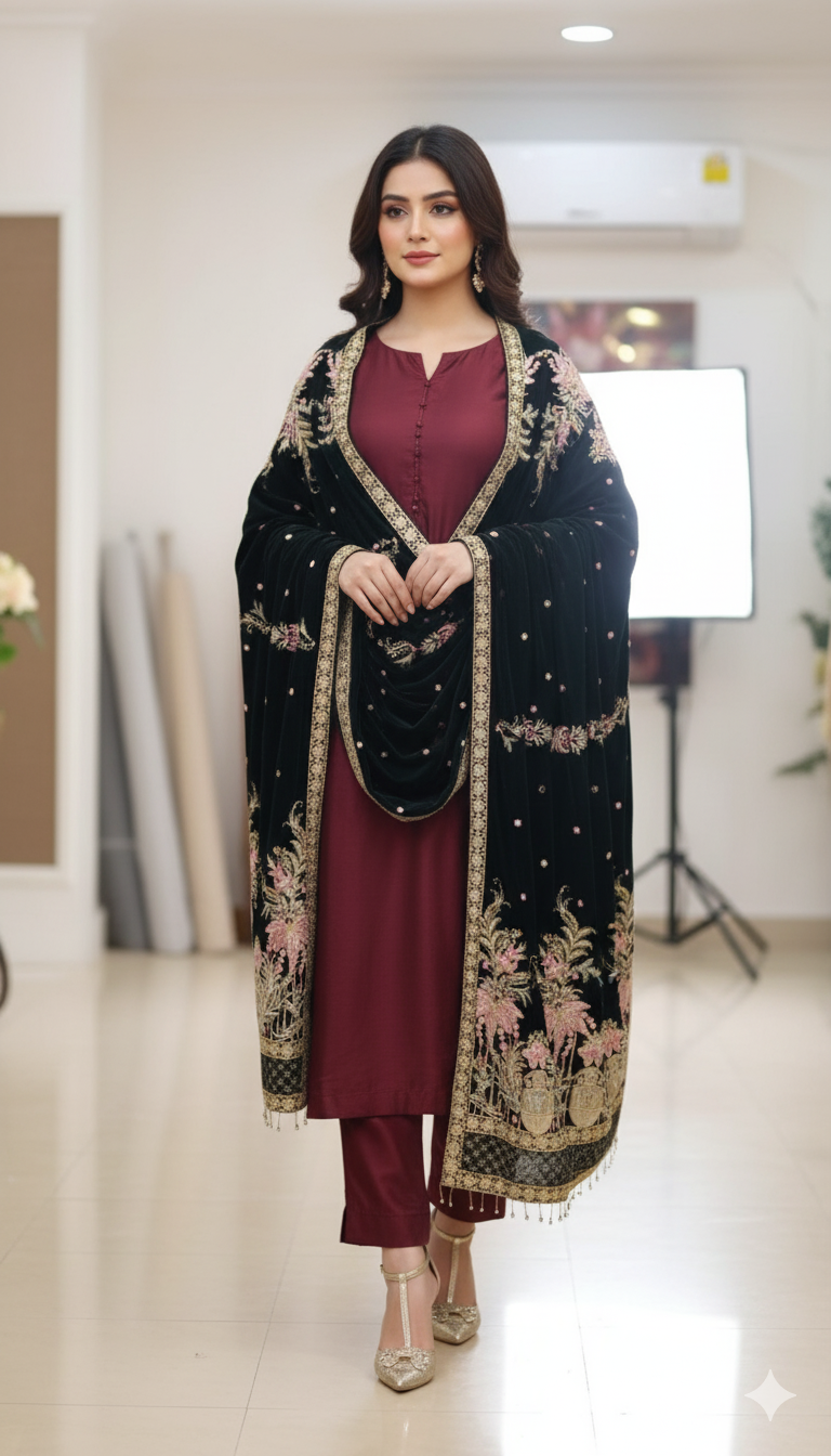 Luxury Black Velvet Embroidered Shawl