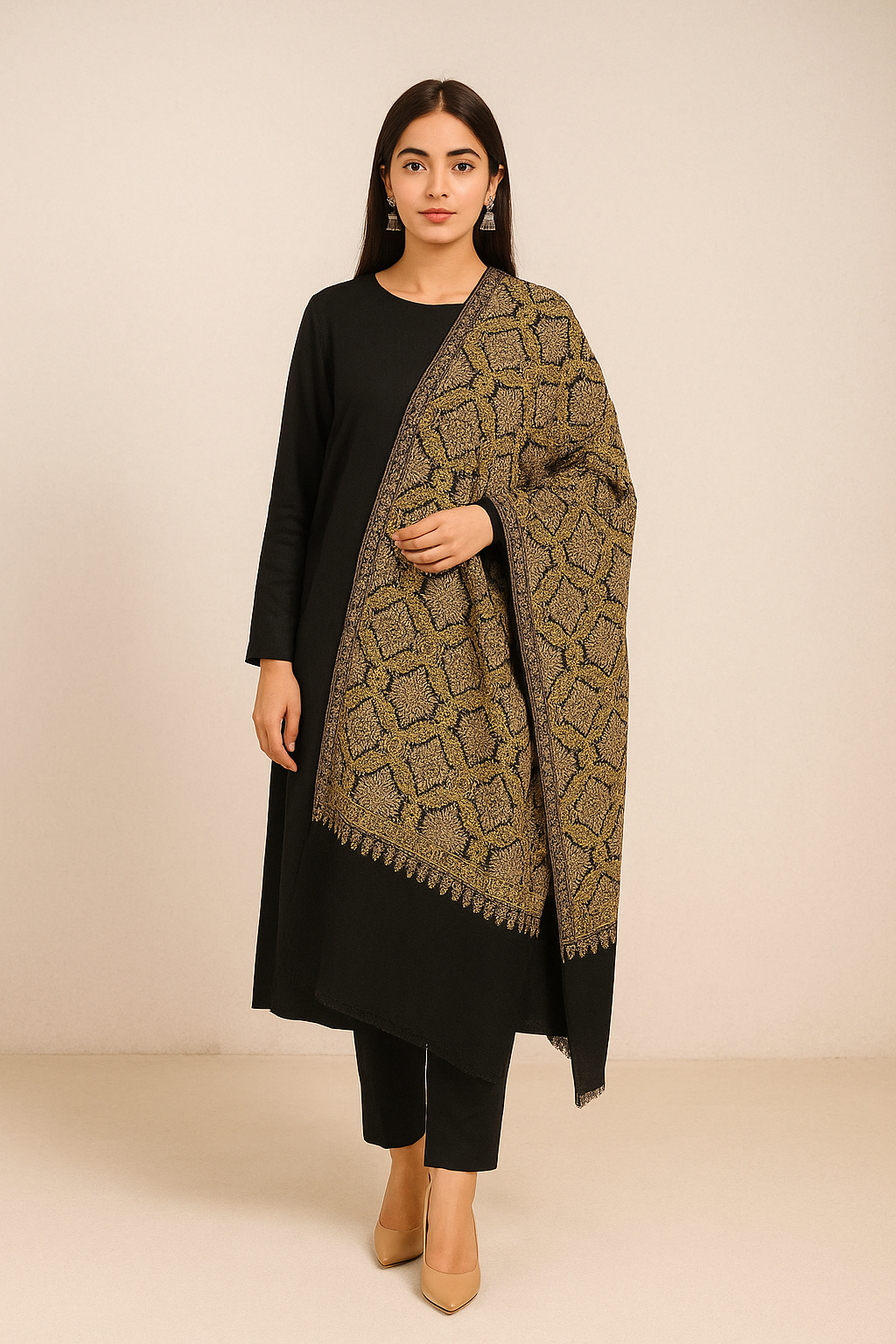 Aari Embroidered Pashmina Shawl – Black & Golden Elegance