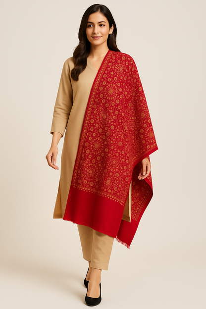 Luxury Needle Embroidery Pashmina Shawl (Red & Gold)