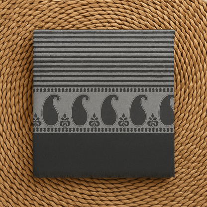 Black & Grey Striped Pashmina Shawl with Paisley Border