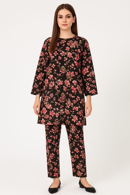 Unstitched Lilen Fabric. Cherry Blossom Print (2-Piece)