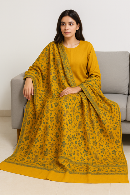 Mustard Yellow Needle Embroidery Pashmina
