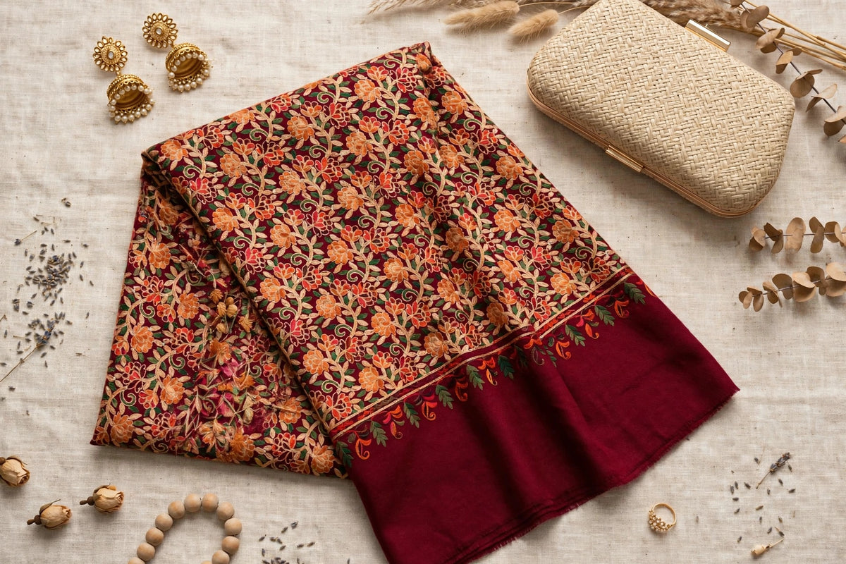 Embroidered Burgundy Pashmina Shawl - Heirloom Kashmiri Aari Work