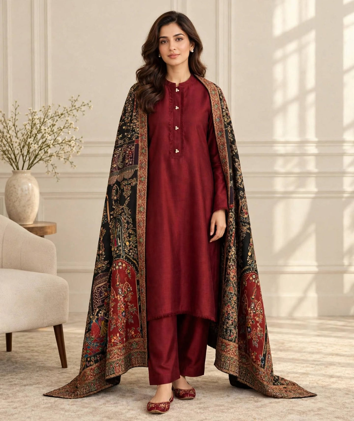 Noir Raqs - Premium Black Meenakari Shawl with Mughal Storytelling Art