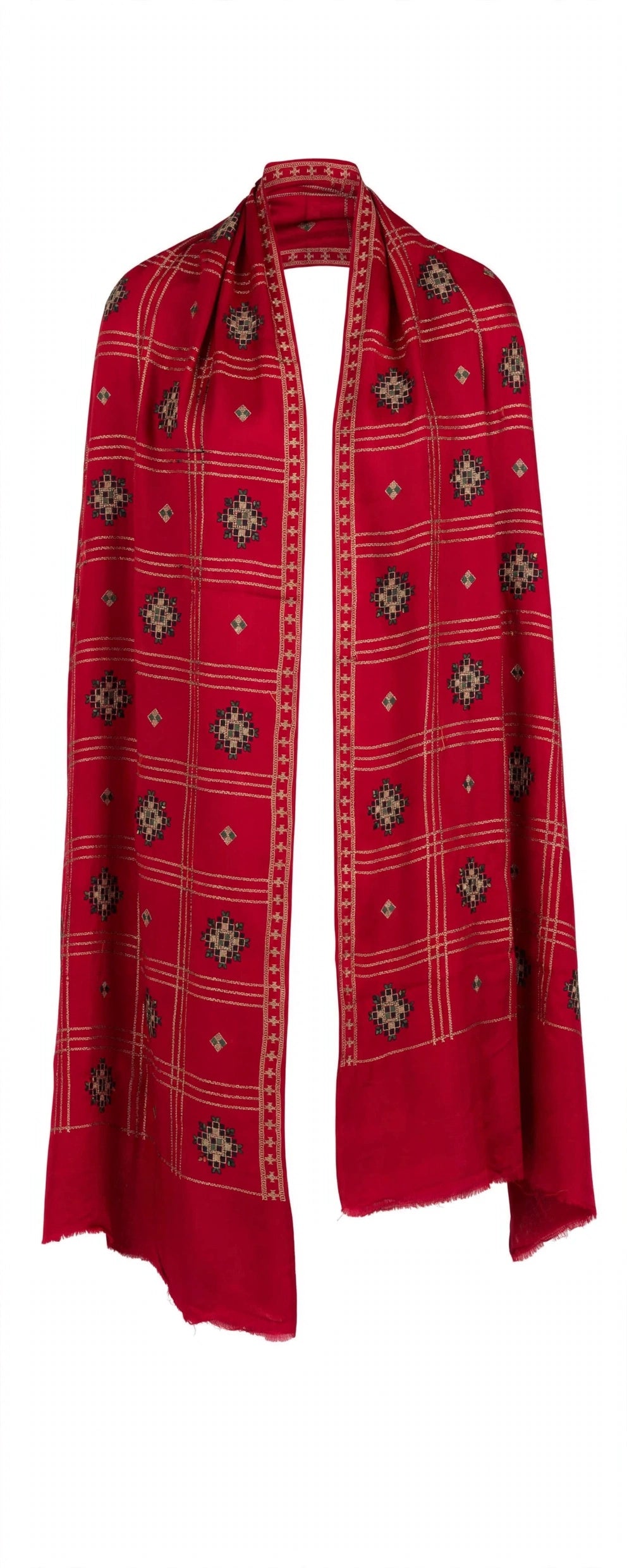 Ruby Red Embroidered Pashmina Shawl - Check Pattern with Mirror Work Motifs