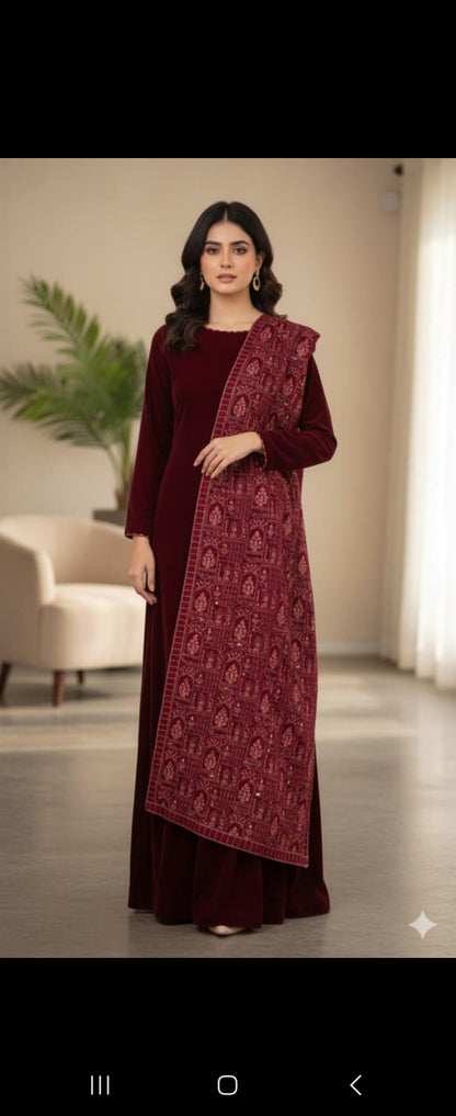 Burgundy Velvet Pakistani Dress with Heavily Embroidered Shawl