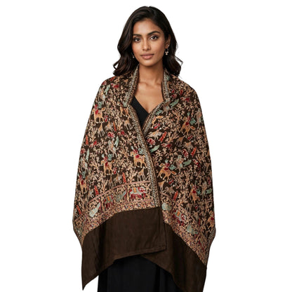 Brown Shikargah Pashmina Shawl with Nalki Embroidery