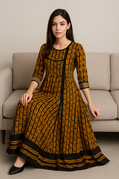Mustard & Black Printed Lawn Maxi