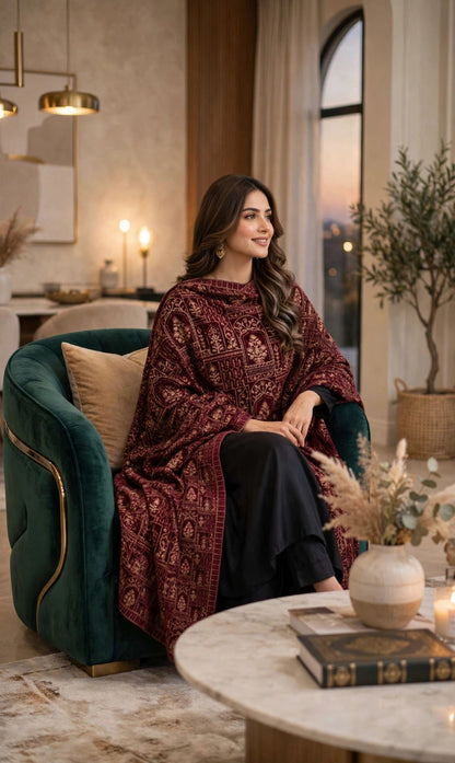 Luxurious Maroon Velvet Embroidered Shawl  Intricate Golden tilla Work Wrap