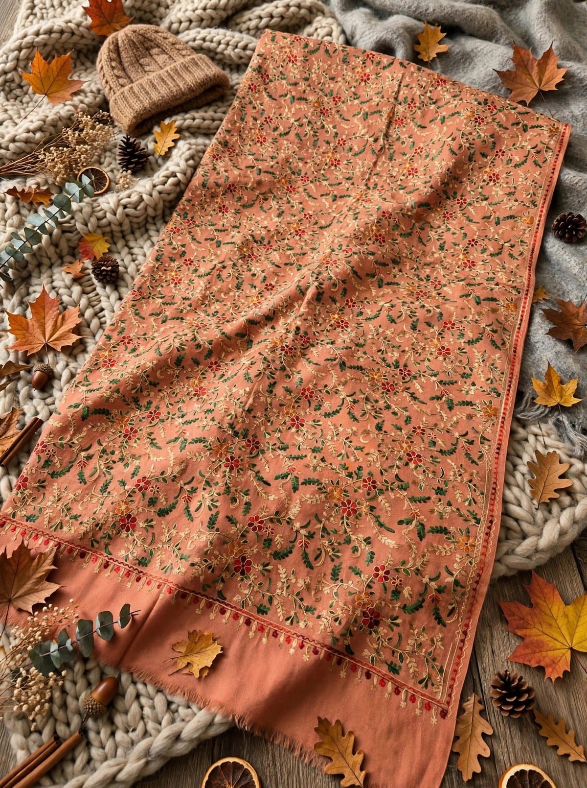 Peach Blossom - Kashmiri Aari Embroidered Pashmina Shawl