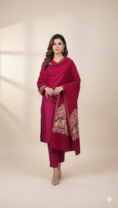 Regal Magenta Pashmina Shawl  Elephant & Tree Embroidery