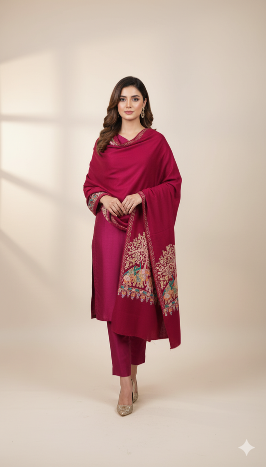 Regal Magenta Pashmina Shawl  Elephant & Tree Embroidery