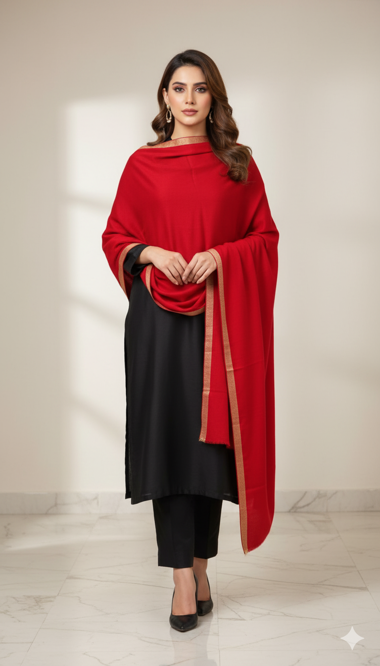 Zari Border Pashmina Shawl – Crimson Elegance