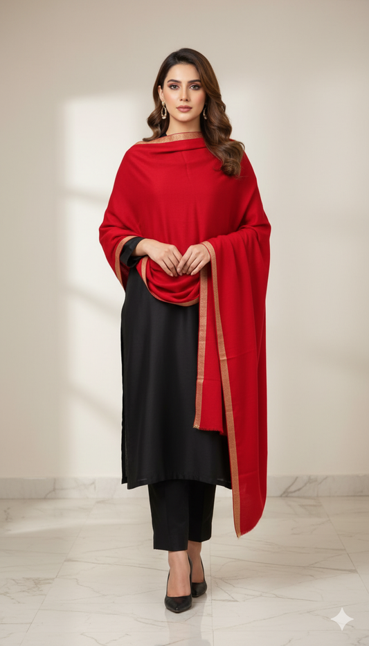 Zari Border Pashmina Shawl – Crimson Elegance