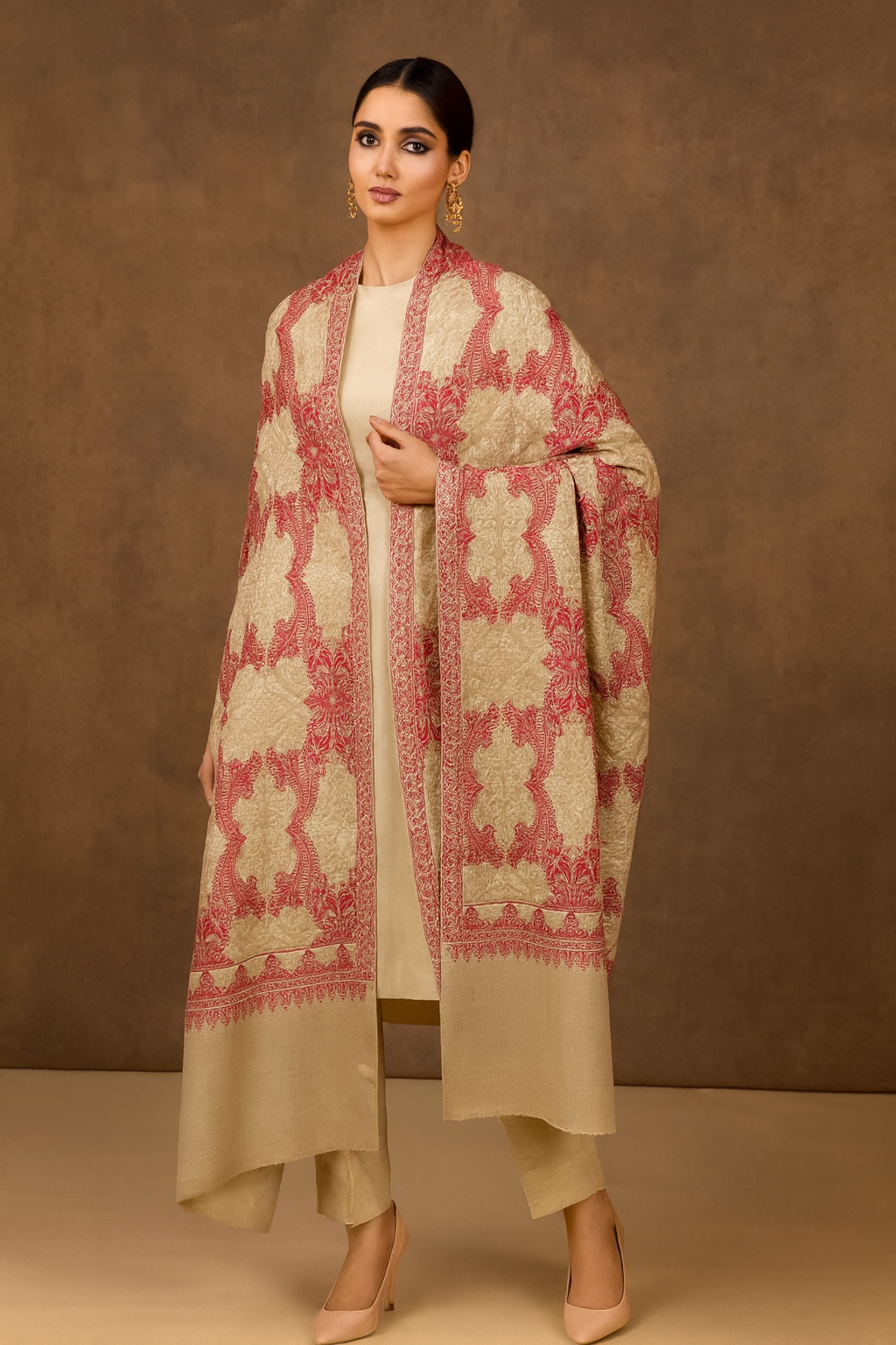 Beige & Red Intricate Embroidery Pashmina Shawl