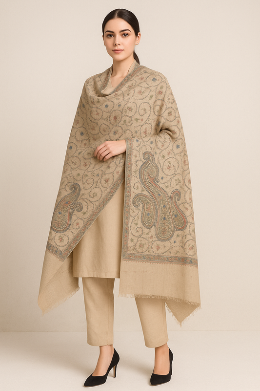 Handcrafted Kashmiri Pashmina Shawl Intricate Sozni Embroidery with Paisley Motifs