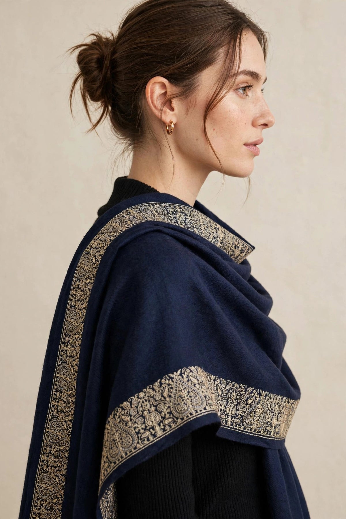 Navy Blue Pashmina Shawl with Gold Zari Paisley Border