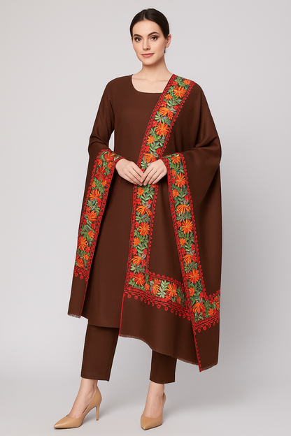 Brown Pashmina Shawl – Four-Side Floral Aari Embroidery