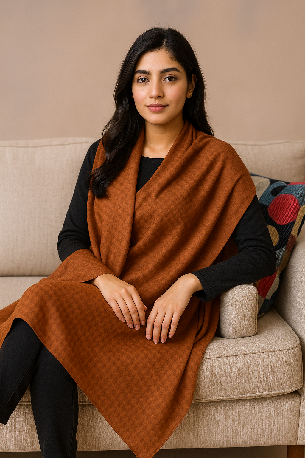 Rust Houndstooth Wool Stoler Elegant Winter Wrap