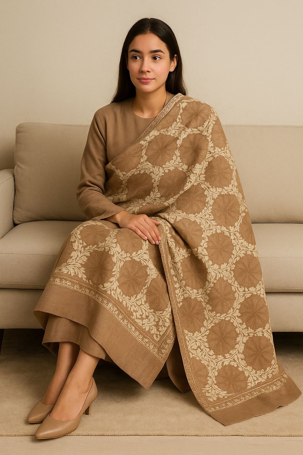 Elegant Pashmina Aari Embroidery Shawl  Beige & Cream