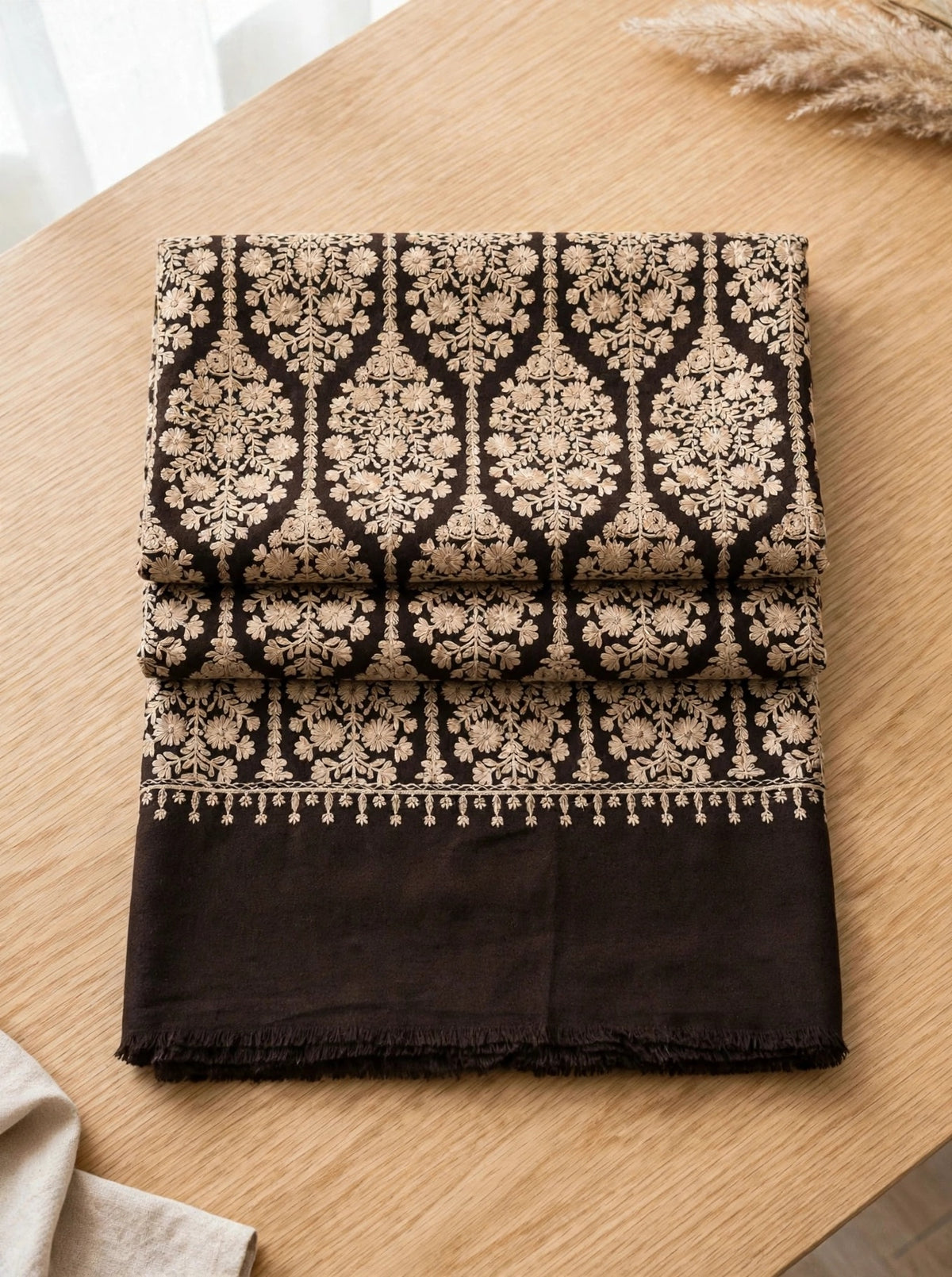 Women's Dark Brown & Black Aari Work Shawl - Full Embroidered Pashmina Wool Shawl
