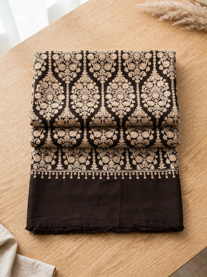 Women's Dark Brown & Black Aari Work Shawl - Full Embroidered Pashmina Wool Shawl
