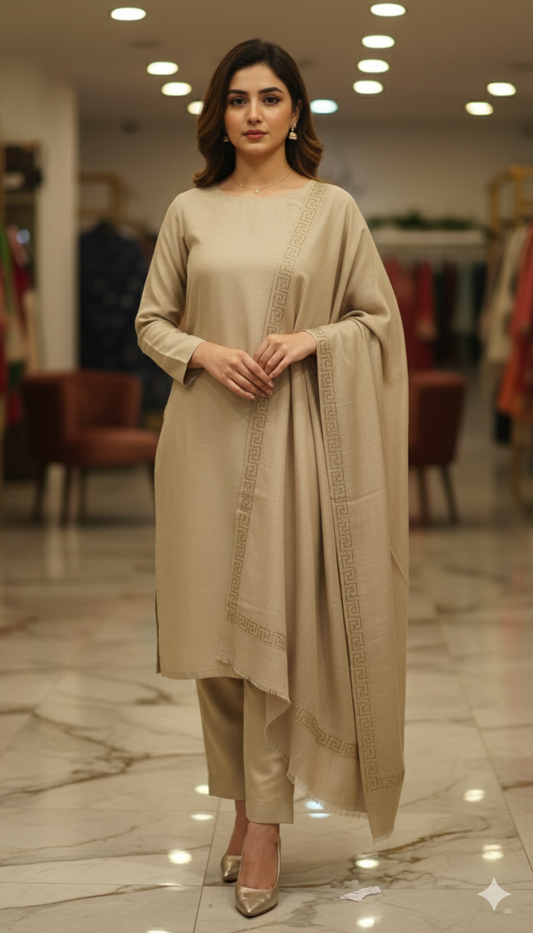 Elegant Beige Pashmina shawl with Embroidered Border