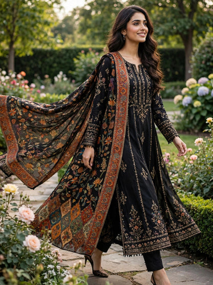 Heirloom Black Floral Kani Silk Dupatta - Pure Handwoven Kashmiri Luxury