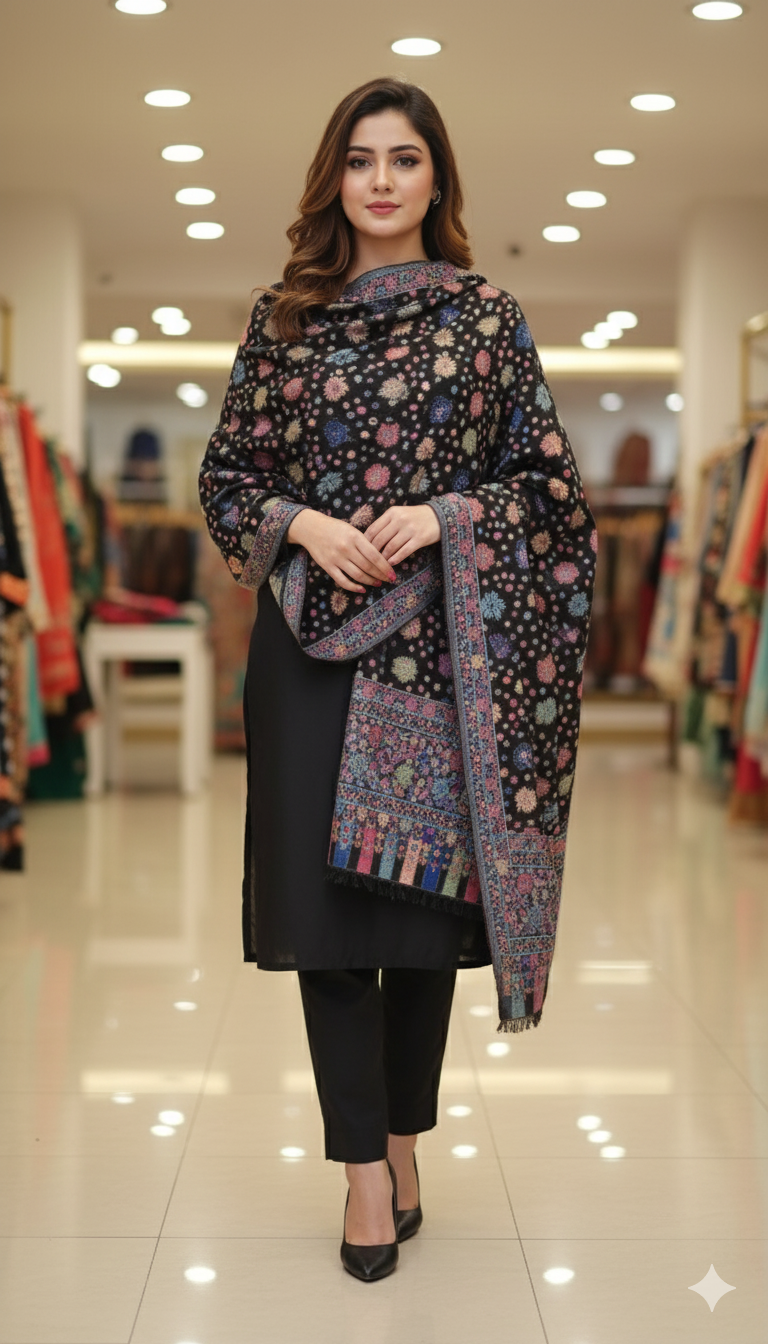 Elegant Black Pashmina Kani Shawl – Floral Weave